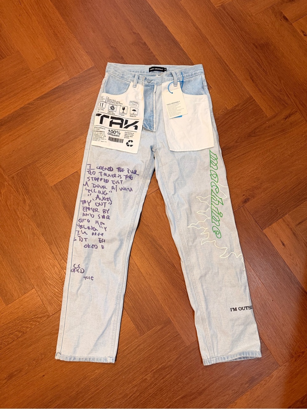 NWT TAKA Original Size S Light Wash Graphic Patch Straight Leg Jeans